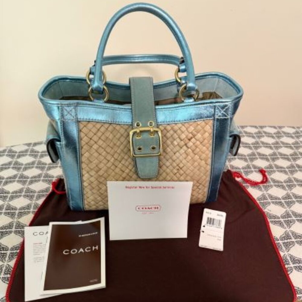 Vintage Coach Straw Boxy Tote - Metallic Blue